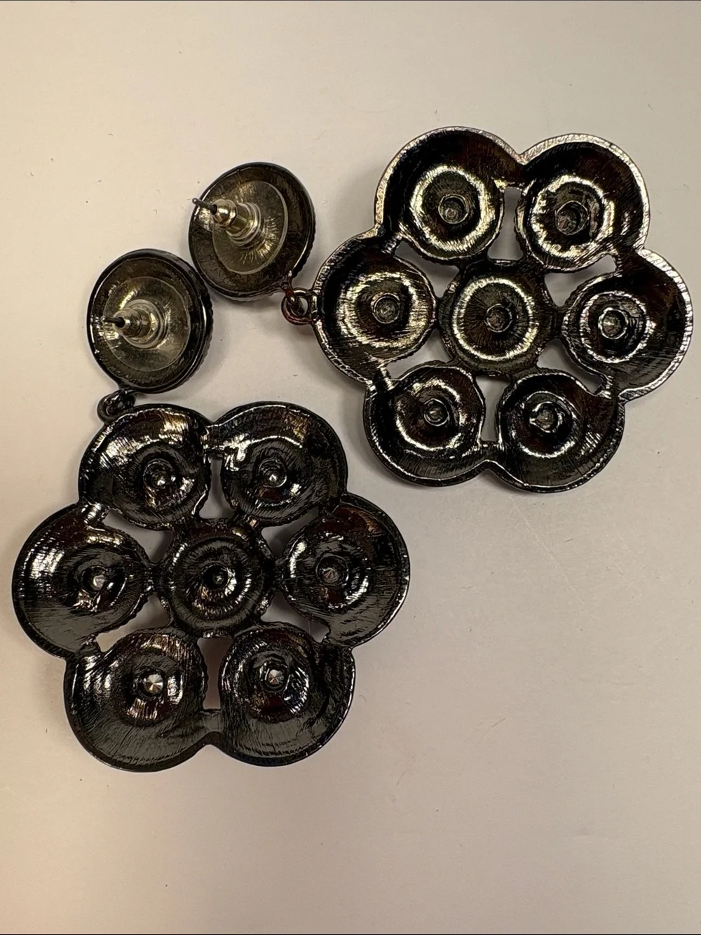 Gunmetal Floral Drop Earrings with Faux Sapphire Blue Stones - Women Jewelry